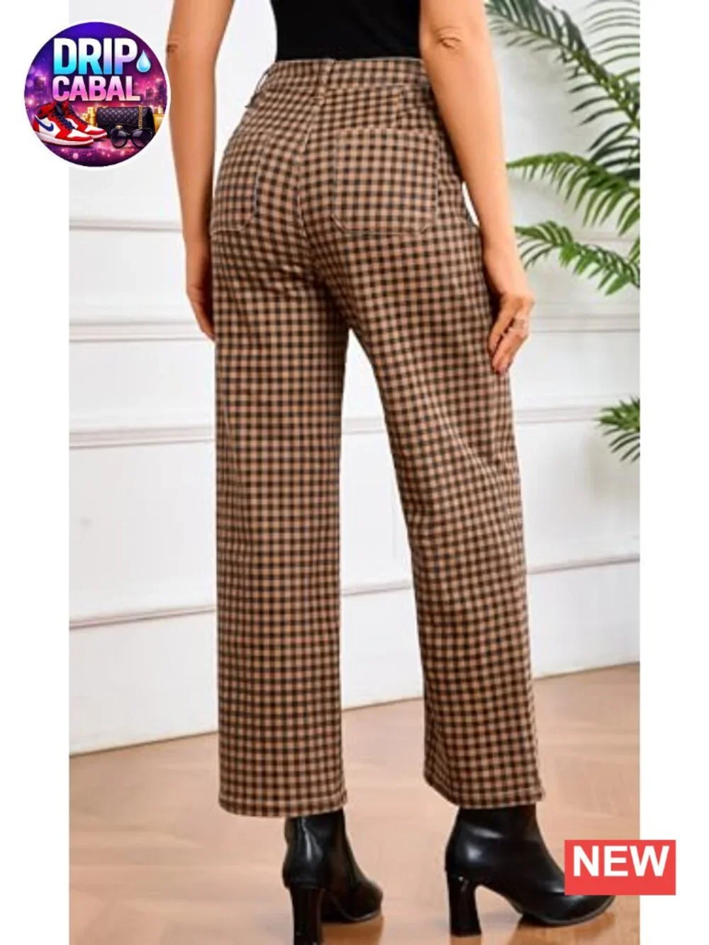 Women's High Waist Wide Leg Plaid Pants Cropped Straight Leg with Pockets
